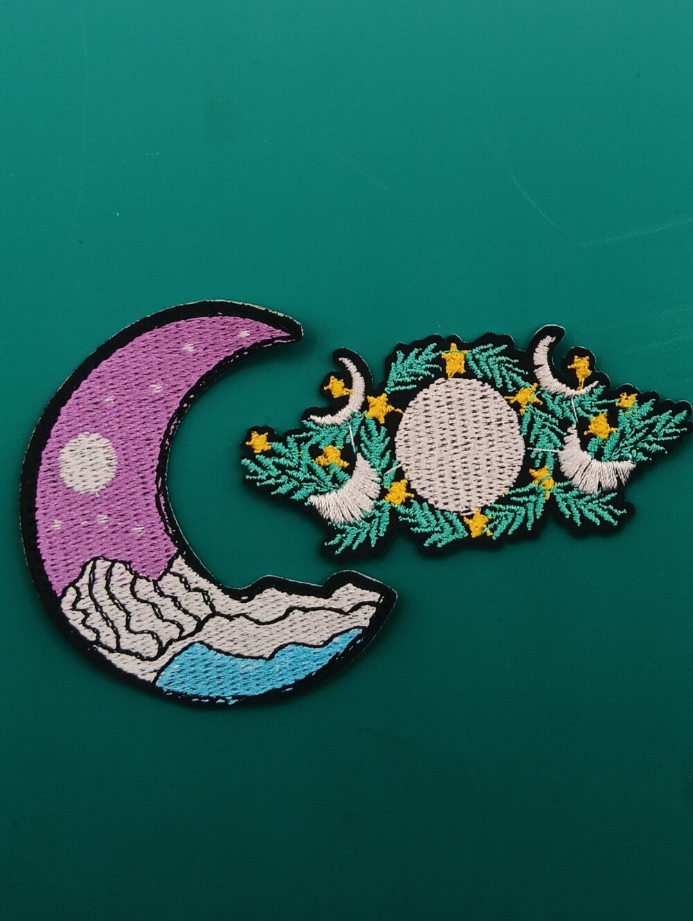 Mountain Forest Moon Iron On Patch Pair, Boho, Green Witch, Earthy, Celestial